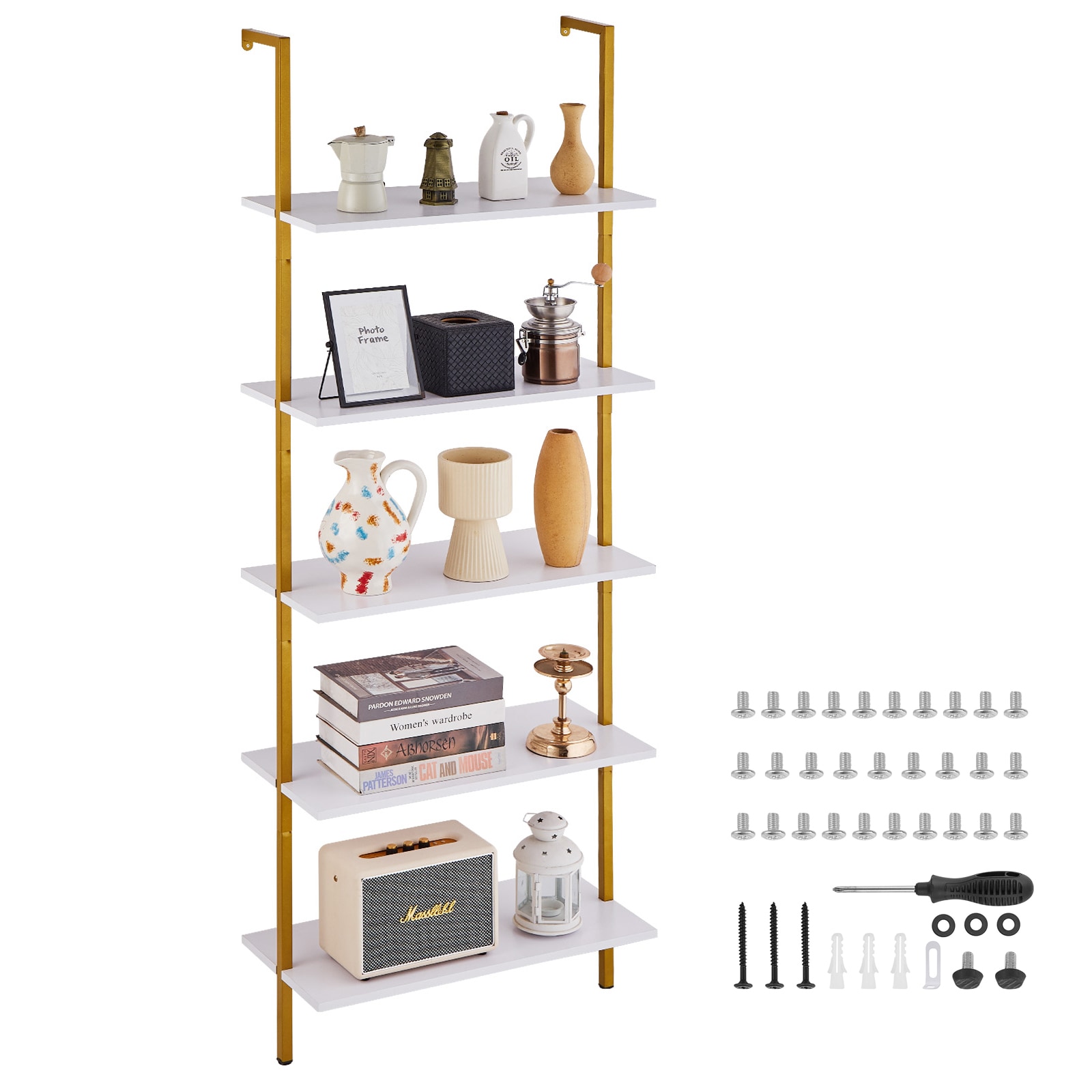 Industrial Square Pipe Shelf 5 Tier 24x11.8in Wall-Mount Gold White_voghion.com